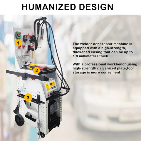 Pro Grade Spot Weld Dent Puller And Stud Welder Dent Repair Kit with tool cart featuring organized high-strength shelves