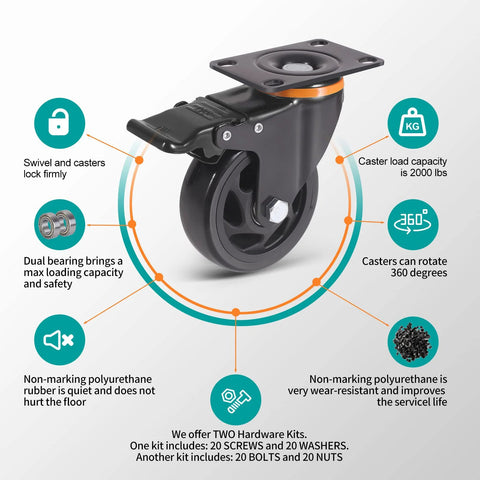 Front view of a 5-inch heavy-duty caster wheel with brake, black housing and mounting plate