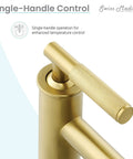 Close-up of Avallon Single Hole Bathroom Faucet With High Arc Sleek Spout Single Handle in brushed gold, showing handle texture.