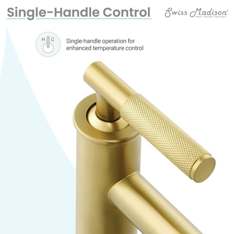 Close-up of Avallon Single Hole Bathroom Faucet With High Arc Sleek Spout Single Handle in brushed gold, showing handle texture.