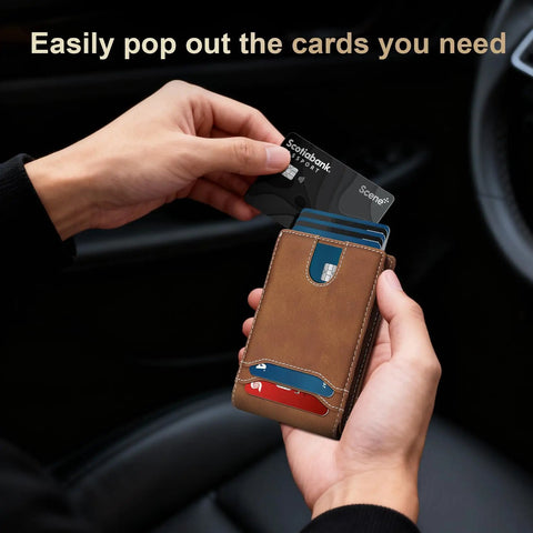 Slim Card Wallet For Men With RFID Blocking Minimalist Front Pocket Pop Up ID Window shown in hand, brown leather with cards.