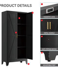 Product details of Beast Of A Farmhouse Style Metal Pantry Cabinet With Barn Doors, 61 Inch Tall, with magnetic lock and adjustable feet.