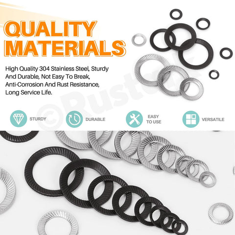 Front view of assorted 304 stainless steel lock washers serrated teeth in black and silver, multiple sizes.