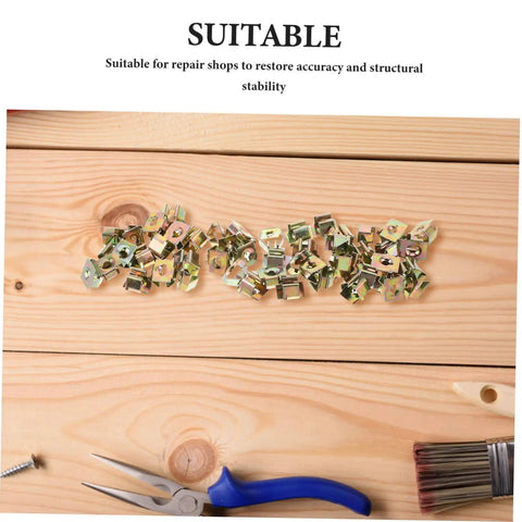 50 Pack Of Straight Up Solid Iron Captive Nut Fasteners With Top Shelf License Plate Screw Retainer Clips on a wooden surface.