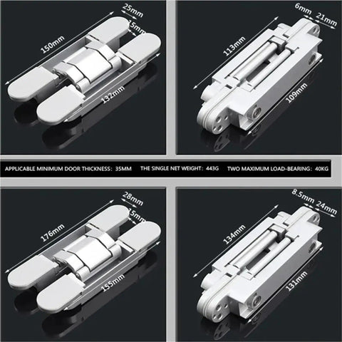 Slick Heavy Lift Invisible Door Hinges With Tight Adjustability For Outward Opening Wood Doors Providing A Clean Hidden Mount And No Drama Silver Finish Hardware Setup, showing multiple angles and measurements.