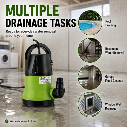 Heavy Duty Submersible Sump Pump Crafted For Rapid Pool Draining And Quick Flood Pickup in a flooded basement.