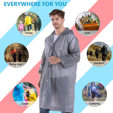 Man wearing Heavy Duty Reusable Rain Ponchos For Adults 2 Pack With Hooded Design Impermeable Rain Coat For Men And Women Drawstring Hood And Elastic Cuffs Weatherproof Outdoor Gear In Grey Storm Ready Emergency Gear, surrounded by outdoor activity symbols.