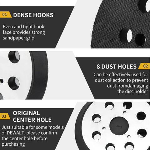 Close-up of 2 Pack 5 Inch 8 Hole Hook and Loop Orbital Sander Pad Replacement For DeWalt showing dense hooks, dust holes.