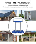 Lightweight 3 Station Sheet Metal Bender Roller for 0 to 90 Degree Bends for steel, aluminum, and copper roofing shown with examples