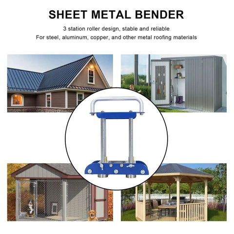 Lightweight 3 Station Sheet Metal Bender Roller for 0 to 90 Degree Bends for steel, aluminum, and copper roofing shown with examples