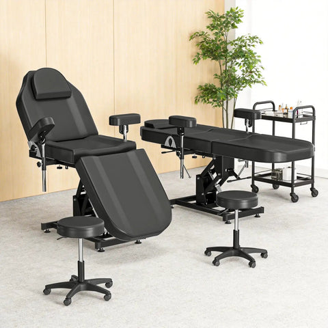 Premium Electric Tattoo Chair Bed With Stool, heavy duty styling massage table and stool with black padding.