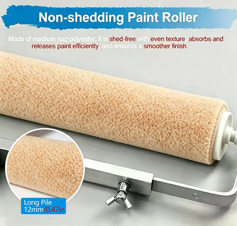 Adjustable Paint Roller Frame With Extension Pole Slick No Mess Setup For Walls And Ceilings Featuring Non Shedding Medium Nap Polyester roller close-up.