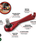 Quarter Inch Drive Anodized Stainless Steel Ratchet With 72 Tooth Gear, Key Ring Tool, Bottle Opener, Hex Or Square Drive, Compact Handy Everyday Carry Auto Home Repair Wrench In Red showing labeled features