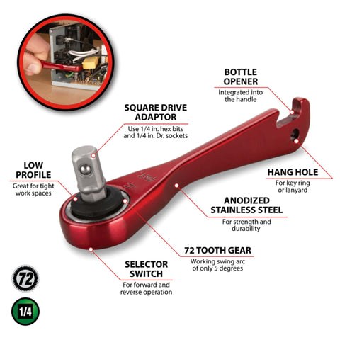 Quarter Inch Drive Anodized Stainless Steel Ratchet With 72 Tooth Gear, Key Ring Tool, Bottle Opener, Hex Or Square Drive, Compact Handy Everyday Carry Auto Home Repair Wrench In Red showing labeled features
