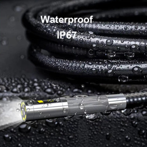 Game Changer Articulating Borescope With Dual Lenses And Built In Light, flexible snake probe, showing waterproof IP67 rating