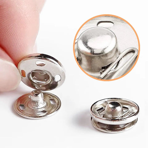 Close-up of 120 Set Sew-On Metal Snap Buttons Pack With 8mm And 10mm Sizes In Black And Silver, Durable Iron Fasteners for Sewing.