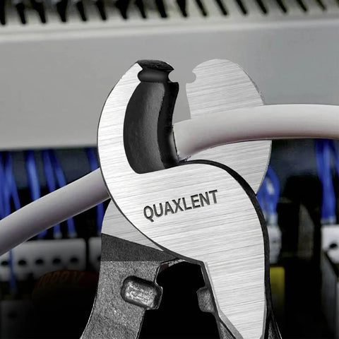 Close-up of Heavy Duty 10 Inch Cable Cutter With High Leverage Handles Designed For Thick Copper Wire And Communication Cables Built From Rust Resistant Steel To Cut Like Butter Every Single Time slicing through a wire.