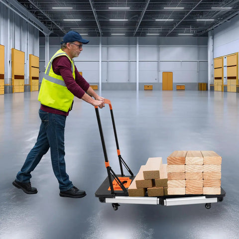 Heavy Duty Foldable Workbench With Smooth Caster Wheels Transforms Into Seven Flexible Workshop Modes Like Scaffold And Auto Repair Stand For No Sweat Garage Days And Weekend Project Hustle, shown in use transporting wood.