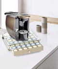 K Cup Holder With Tempered Glass Top Coffee Pod Organizer For 36 Pods Beige Detachable Glass Cover on countertop with coffeemaker