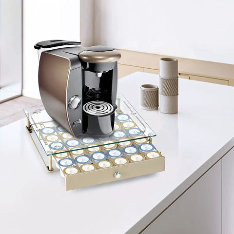 K Cup Holder With Tempered Glass Top Coffee Pod Organizer For 36 Pods Beige Detachable Glass Cover on countertop with coffeemaker