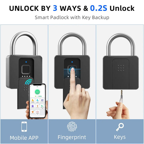 Smart Fingerprint Padlock With Waterproof Design, Key Backup, Mobile App Control, showing unlock methods and features.