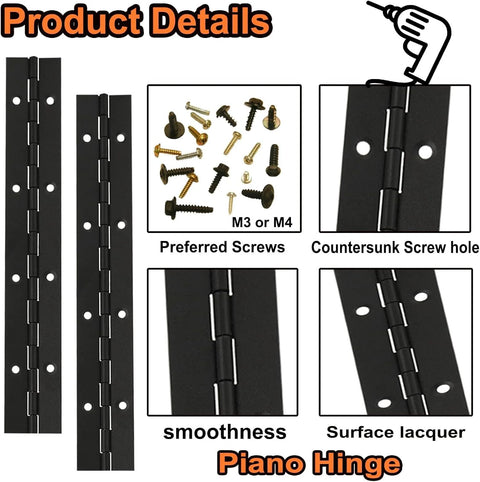 Four 8-inch black stainless steel 304 continuous piano hinges for doors, cabinets, and windows with mounting screws.