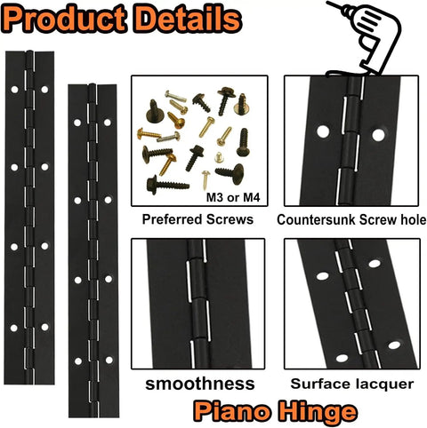 Heavy Duty 6 Inch Black Piano Hinges Made From Rust Resistant 304 Stainless Steel Continuous Hardware For Gates And Doors showing screws and countersunk holes