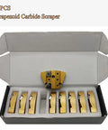 Bang For Your Buck Tungsten Carbide Scraper Set With Trapezoid Edged Blades for mastic removal, nine-piece kit in box.