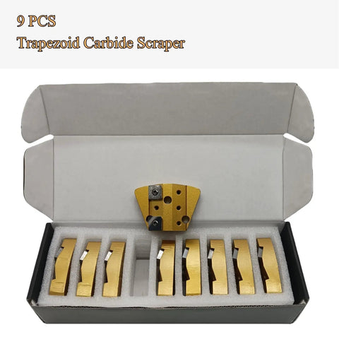 Bang For Your Buck Tungsten Carbide Scraper Set With Trapezoid Edged Blades for mastic removal, nine-piece kit in box.