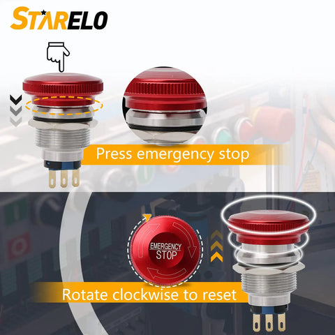Stainless Steel Emergency Stop Mushroom Push Button Switch With Stop Sign 12-250V AC 5A Prewired Latching 1NO 1NC Twist Reset