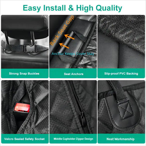 Close-up of Backseat Dog Car Seat Cover Non Slip Waterproof Pet Hair Protector features with snap buckles, anchors, and PVC backing.