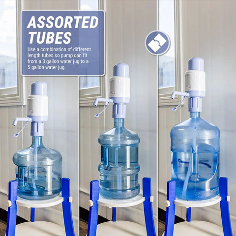No More Heavy Lifting Manual Water Pump for 5 Gallon Bottles with variable tube lengths on 3 and 5 gallon jugs.