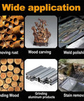 Applications of Stainless Steel Wire Wheel Brush Sets 25Mm T Type With One Eighth Inch Shank, including rust removal and wood carving.