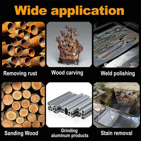 Applications of Stainless Steel Wire Wheel Brush Sets 25Mm T Type With One Eighth Inch Shank, including rust removal and wood carving.