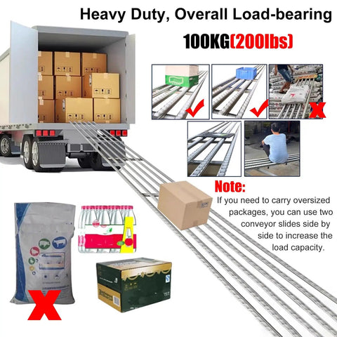 Grab And Go Gravity Conveyor Roller Belt For Hassle Free Truck And Warehouse Unloading Smooth Freight Slider with heavy items unloading from a truck.