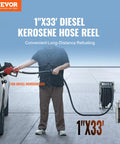 Heavy Duty 1 Inch By 33 Foot Fuel Hose Reel With Retractable Diesel Hose, Carbon Steel Construction, Automatic Nozzle