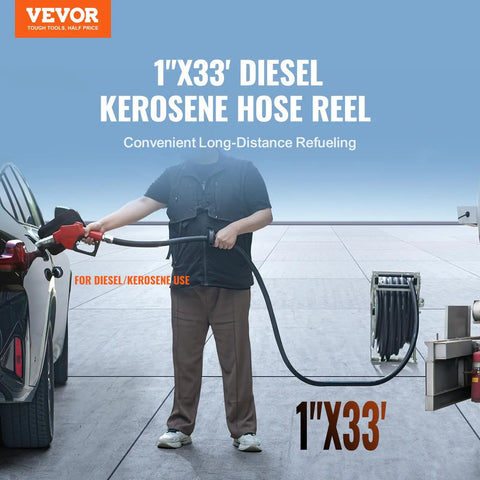 Heavy Duty 1 Inch By 33 Foot Fuel Hose Reel With Retractable Diesel Hose, Carbon Steel Construction, Automatic Nozzle