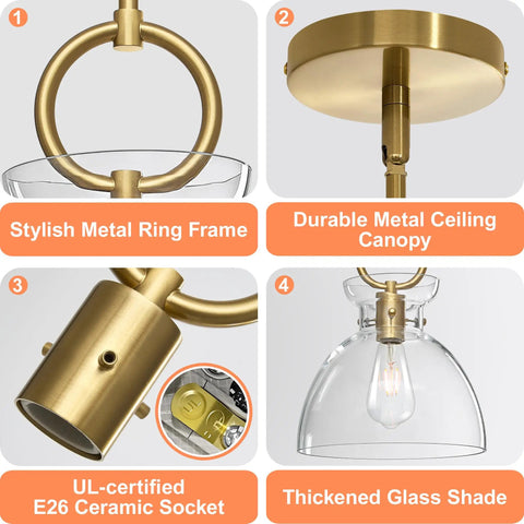 Super Sleek Brushed Gold Pendant Light For Kitchen Island featuring fully adjustable hanging cord and large clear glass shade details.