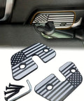 Aluminum Sun Visor Clips With American Flag Design for Jeep Wrangler JK JL Gladiator JT 2018-2023 shown in use and parts
