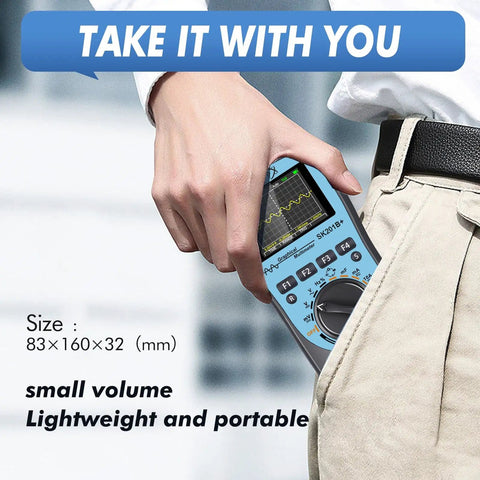 Hand holding 2 in 1 oscilloscope multimeter with 2.4 inch color screen, 1 MHz bandwidth, fits in pocket for easy carrying, DIYers tool.