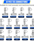 14 tee connectors for All-In-One Hydraulic Pressure Test Kit With Five Dual-Scale Gauges 10 to 600 Bar and 150 to 10000 PSI