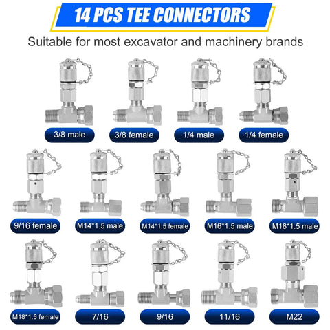14 tee connectors for All-In-One Hydraulic Pressure Test Kit With Five Dual-Scale Gauges 10 to 600 Bar and 150 to 10000 PSI