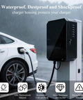 Heavy Duty Ev Charger Lock Box And Outdoor Wall Enclosure With Ip65 All Season Weatherproof Steel Case, Clear Acrylic Door View, Bulletproof Combo Lock, No Hassle Cable Manager, Garage Ready Setup For Level Two Plugs with black housing and charging cable in rain.