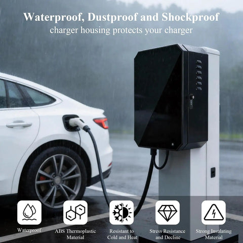 Heavy Duty Ev Charger Lock Box And Outdoor Wall Enclosure With Ip65 All Season Weatherproof Steel Case, Clear Acrylic Door View, Bulletproof Combo Lock, No Hassle Cable Manager, Garage Ready Setup For Level Two Plugs with black housing and charging cable in rain.