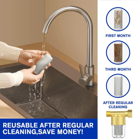 Bulletproof 40 Micron Brass Sediment Filter For Washers Reusable Water Strainer shown in use under water faucet.
