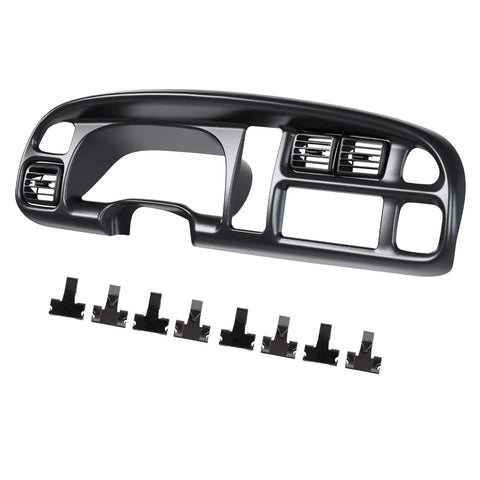 ECOTRIC dash bezel for Dodge Ram 1998–2002; black plastic instrument cluster panel with air vents and mounting clips