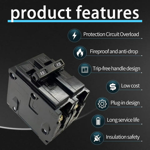 15 Amp 2 Pole Plug In Circuit Breaker 10 Ka Breaking Capacity 120 240 Volt Thermal Magnetic Trip features detailed.