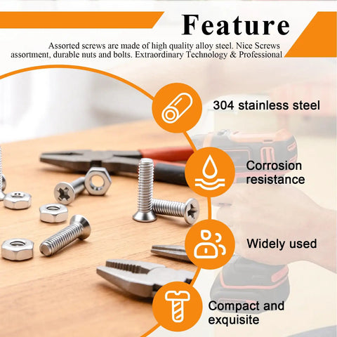 1020Pcs Metric Micro Screws And Nuts Set Flat Countersunk Head Assortment M1 To M25 stainless steel features on table