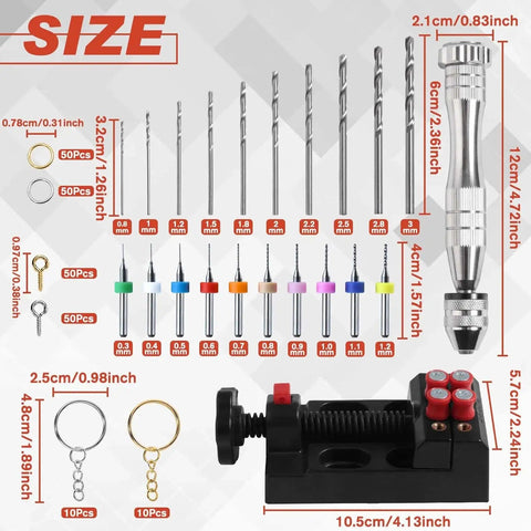 Pro Grade Hand Drill Pin Vise Kit with 3 jaw chuck, drill bits, bench vise, and keychain set for jewelry and tiny craft projects.