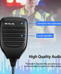 Rugged black shoulder microphone with 2-pin K plug highlighting features for two-way radios, ideal for security and construction.